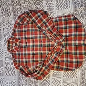J. Crew summer plaid button down red green gold white long sleeve shirt medium
